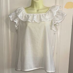 Vintage 60s/70s Judy Bond White Ruffled At Neck & Sleeves Eyelet Lace Blouse